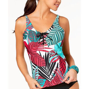 Island Escape Palm Coast Printed Lace-Up Push-Up Swim Tankini Top Size 8 11196